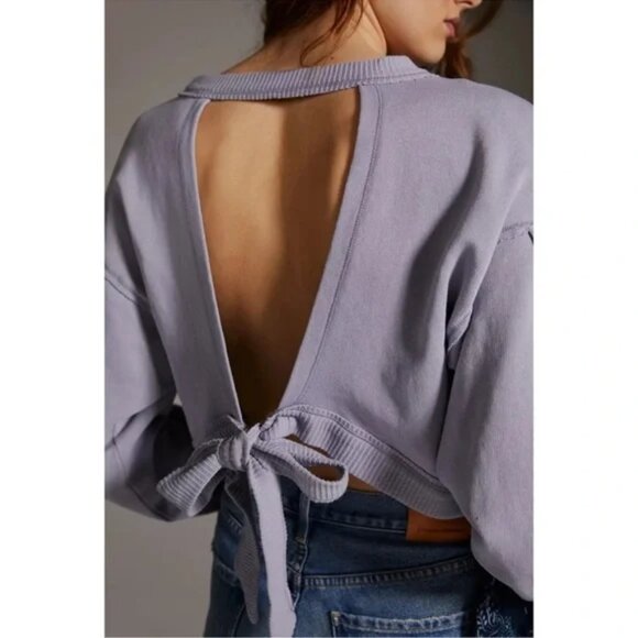 PILCRO Anthropologie Open Tie Back Cotton Sweatshirt Lavender Gray XL Distressed - Picture 1 of 15